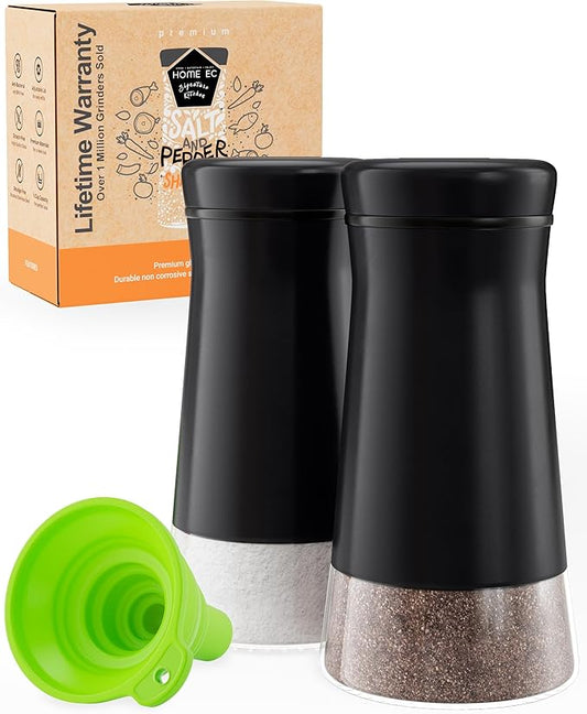HOME EC Original Salt and Pepper Shakers Set with Adjustable Pour Holes - Black Salt Shaker and Pepper Shaker - Farmhouse Spice dispenser for salts, Ground peppercorn and spices