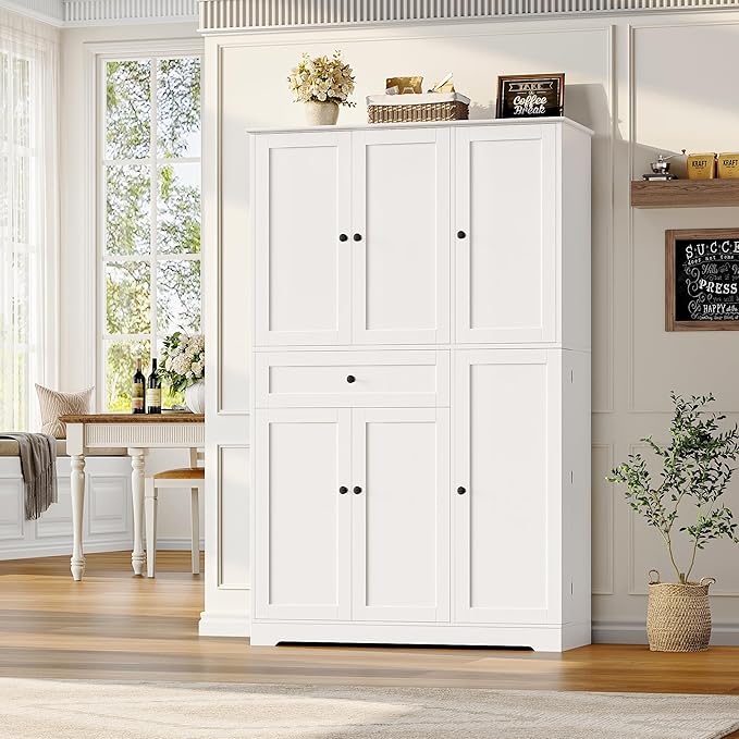 HOSTACK 68" Tall Kitchen Pantry Storage Cabinet, Modern Kitchen Hutch Cabinet with Doors and Shelves, Freestanding Food Pantry with Large Storage Drawer for Dining Room, Living Room, White