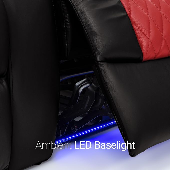 Seatcraft Diamante - Home Theater Seating - Living Room - Power Recline - Italian Leather - Powered Headrests - Cupholders - USB Charging - Ambient Lighting, Black/Red, Row of 4 Middle Loveseat