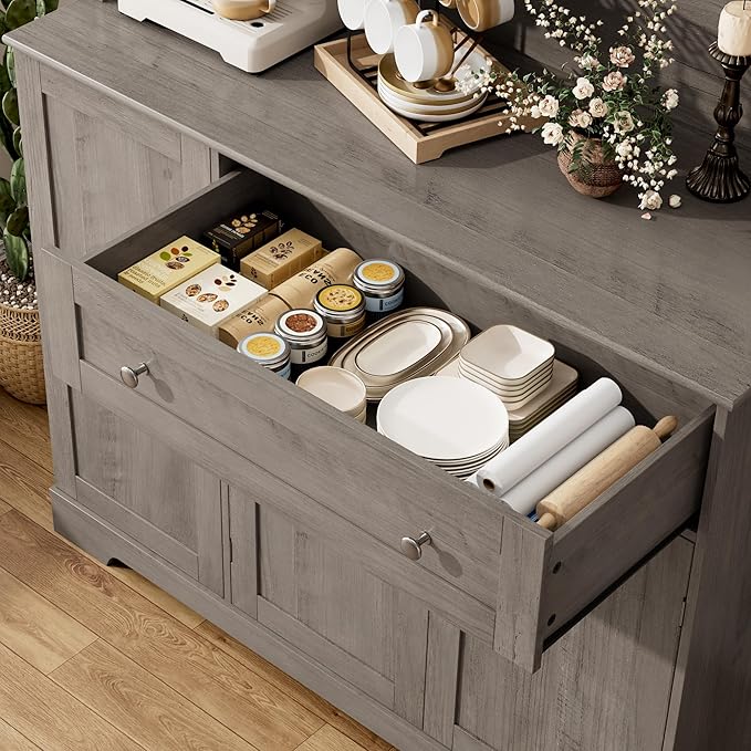 HOSTACK Kitchen Pantry Storage Cabinet with Hutch, Tall Kitchen Hutch with Microwave Stand, Food Pantry Cabinet with Doors and Shelves | Wine Rack for Dining Room, Ash Grey