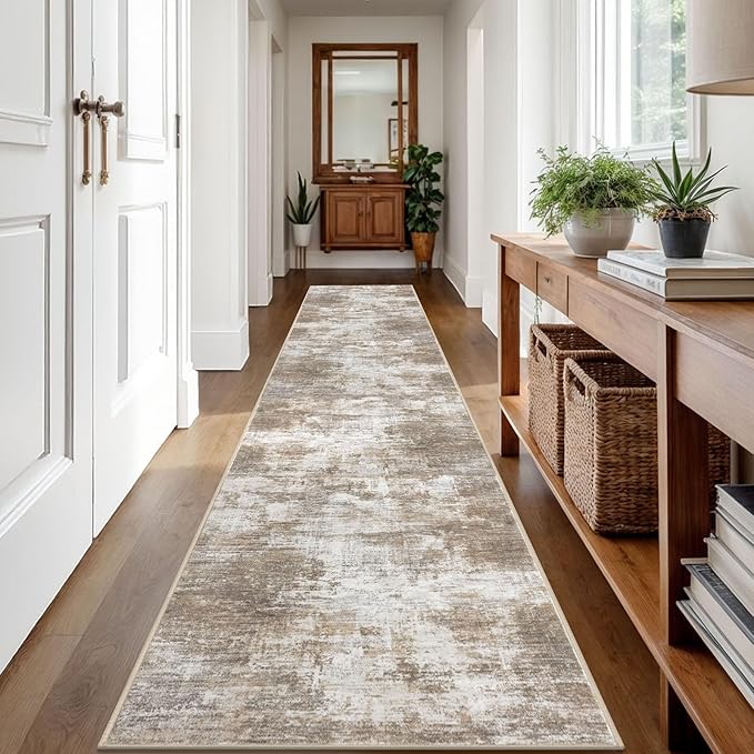 IOHOUZE Abstract Runner Rug 2x12 Ft Washable Runners for Hallways, Non Slip Kitchen Runner Printed Faux Wool Entryway Runner Indoor, Modern Abstract Floor Carpet for Hall Kitchen, Beige Brown