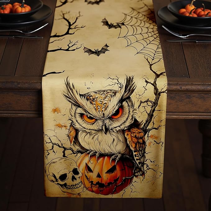Halloween Table Runner with Owls, Bats & Spiders, Table Decoration for Dining Party and Home Decor,108x13 inches