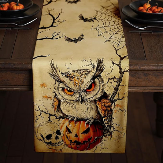 Halloween Table Runner with Owls, Bats & Spiders, Table Decoration for Dining Party and Home Decor,48x13 inches