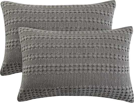 PHF 100% Cotton Waffle Pillow Shams Queen Size, 2 Pack 20" x 30" Soft Skin-Friendly Pillowcases, No Filling, Aesthetic Woven and Breathable Waffle Weave Pillow Case Covers for Bed, Dark Grey