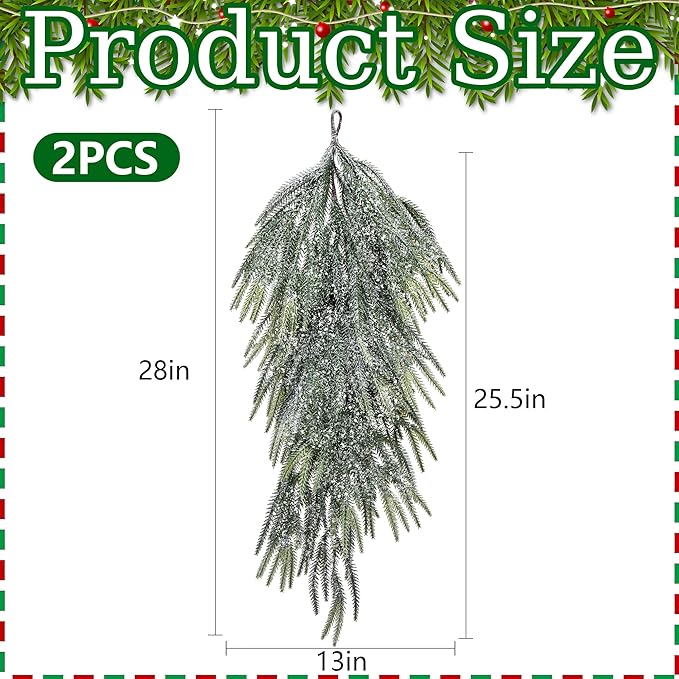 2 Pcs Artificial Christmas Snow Teardrop Swag, 28" Faux Glitter Snow Flocked Norfolk Pine Teardrop Door Swag, White Frosted Real Touch Pine Wreath Staircase Swags for Xmas Door Mantle Fireplace Decor