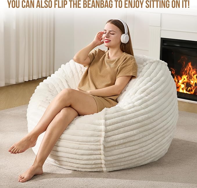 Hobestluk 4ft Bean Bag Chairs for Adults Large Beanbag Chair with Dutch Corded Plush Cover Big Bean Bag Chair for Living Room Bedroom Dorm Office - White (42" x 42" x 24")