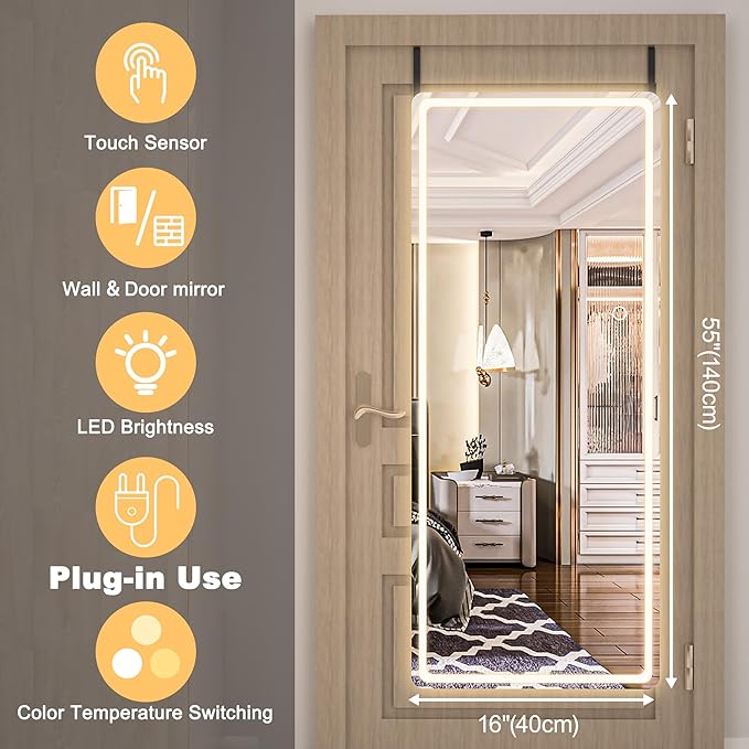 Hasipu LED Door Mirror - Full Length, 56 x 16 Over The Door Mirror with Lights for Bedroom, Living Room, Cloakroom