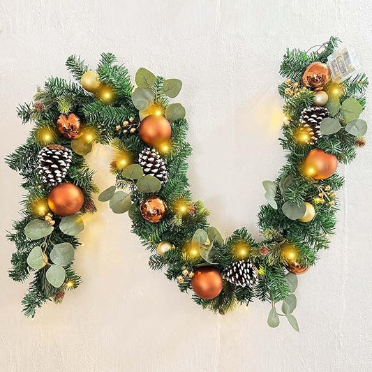 WANNA-CUL Pre-Lit 6 ft/ 72 Inch Christmas Garland with Lights Decoration for Mantle with Copper Gold Christmas Ball Ornaments,Battery Operated 30 LED Lights