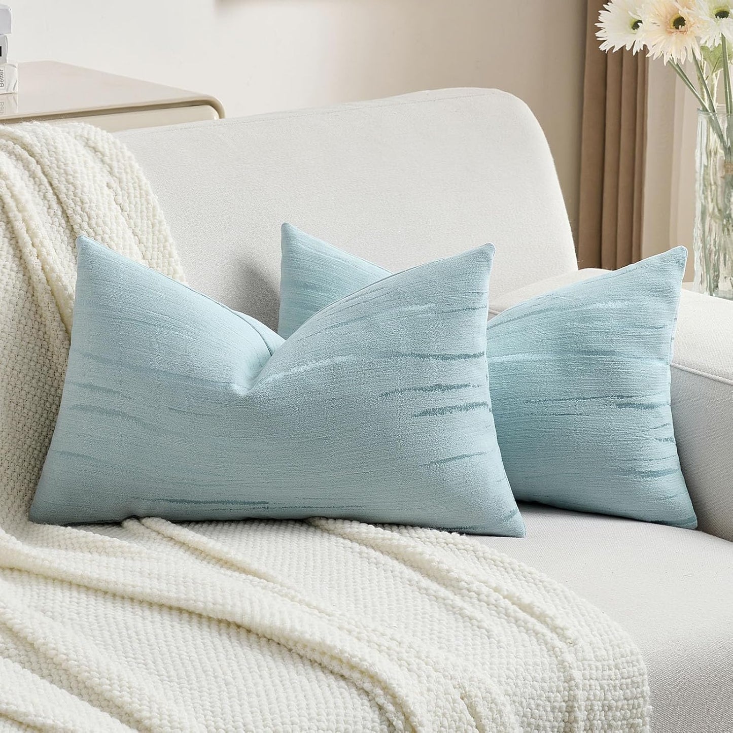 FUTEI Light Blue Chenille Decorative Throw Pillow Covers 12x20 Inch Set of 2,Soft Embossed Striped Textured Lumbar Pillow Cases,Modern Home Decor for Couch Bed Living Room