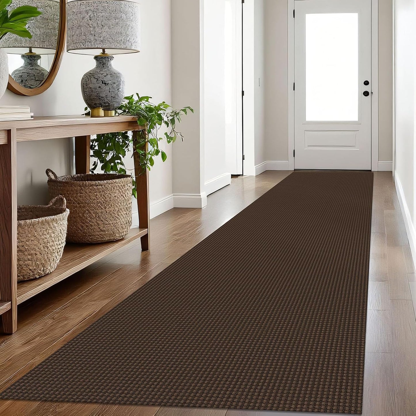 IOHOUZE Washable Exrea Long Hallway Runner Rug 3x16 Non Slip Rubber Backed Kitchen Runner Entryway Runner Indoor, Woven Rugs Floor Carpet for Kitchen Hall Entryway Stair, Brown