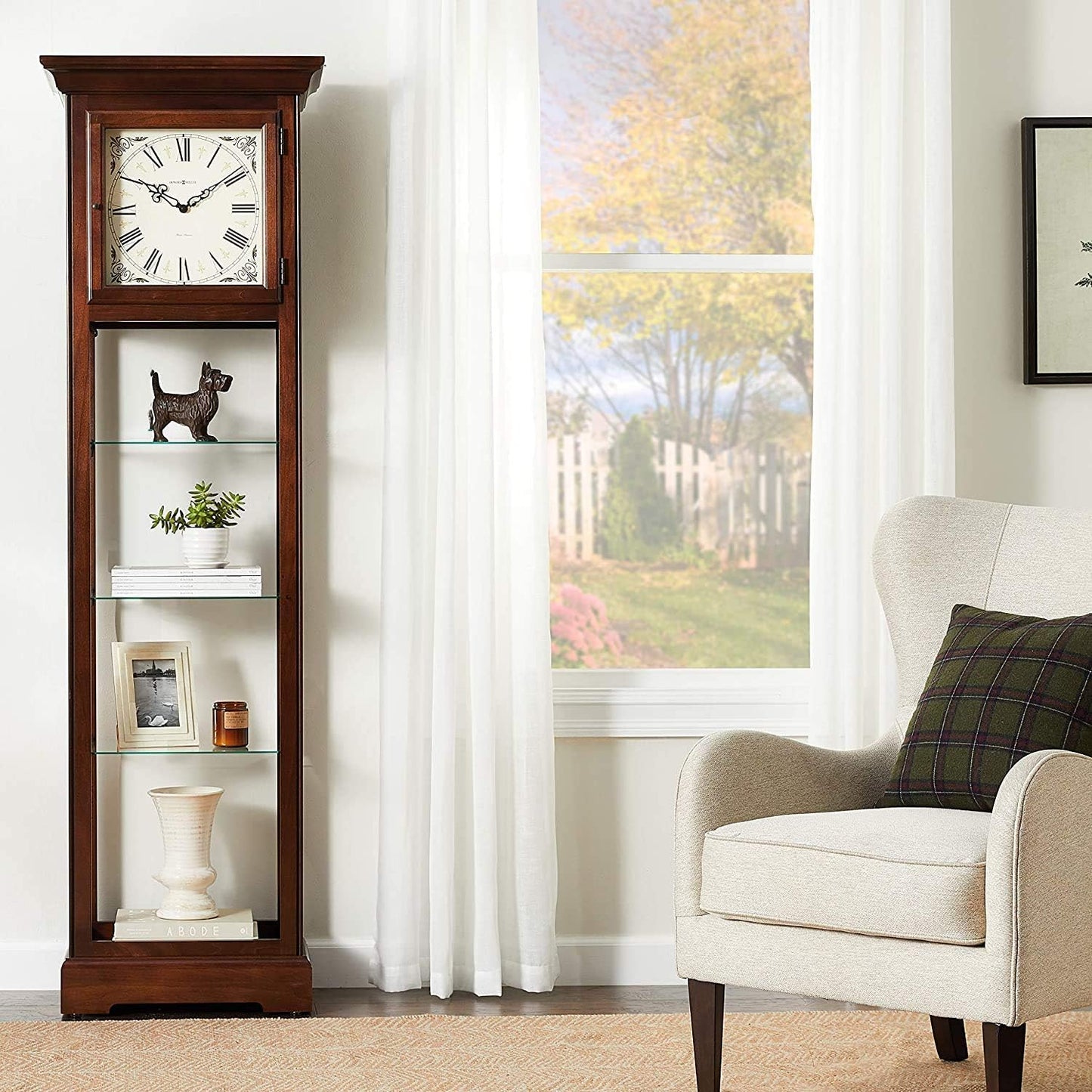 Howard Miller Le Rose Floor Clock, Espresso Finish Adjustable Glass Shelves with Pad Lock, Triple-Chime Movement Roman Numerals Analog Display Perfect Timepiece for Bedroom & Office Decor