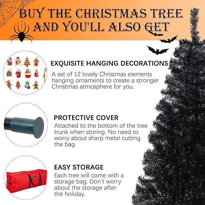 6FT Black Christmas Tree, Large Artificial Halloween Tree with 1000 Tips, Metal Hinges & Base, Premium Spruce Xmas Tree Outdoor Party Decor