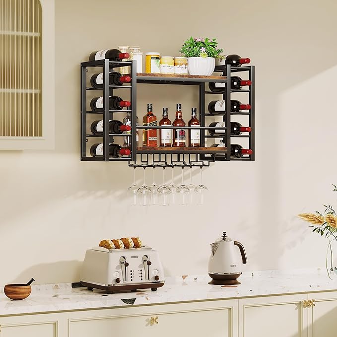 Wall Mounted Wine Rack, Bottle & Glass Holder, Wood & Metal Wine Shelf Storage with Top Enclosure, Heavy Duty Bar Decor for Home, Kitchen, Bar (31.9" x 9.8" x 19.7")