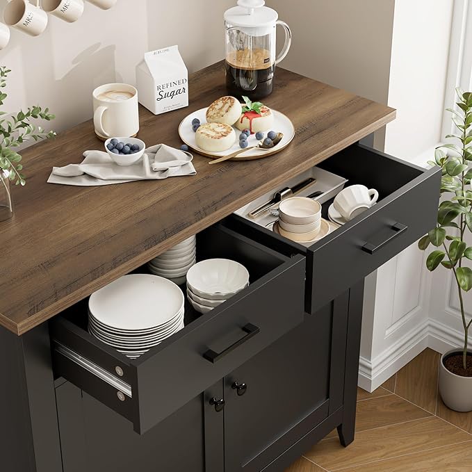 HORSTORS Kitchen Storage Cabinet, Modern Farmhouse Buffet Cabinet with Storage, Coffee Bar with 2 Drawers and 2 Doors, Floor Sideboard Buffet for Living Room, Dining Room, Bathroom, Black/Rustic Brown