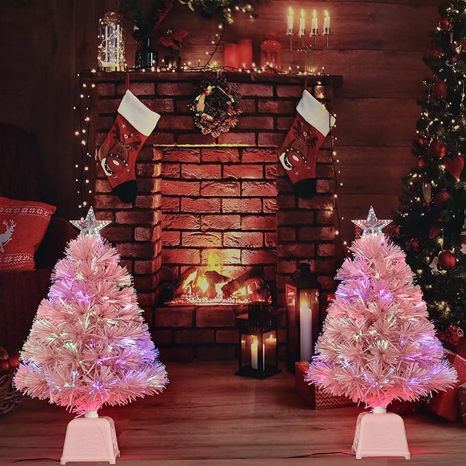 24inch Pink Fiber Optic Christmas Tree,Pre-Lit Artificial Mini Christmas Tree, Tabletop Small Xmas Tree with Stars Holiday Home Decorations