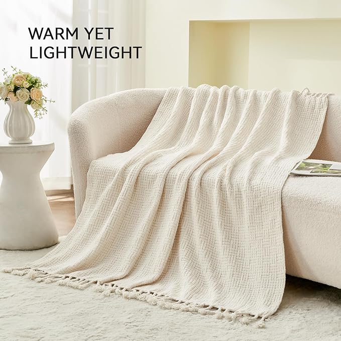 lifein Throw Blanket for Couch - Boho Throw Blanket, Knit Woven Blanket, Soft Decorative Blankets&Throws with Tassels for Bed,Sofa,Chair,Home Decor (Cream, 50 * 60, Waffle)