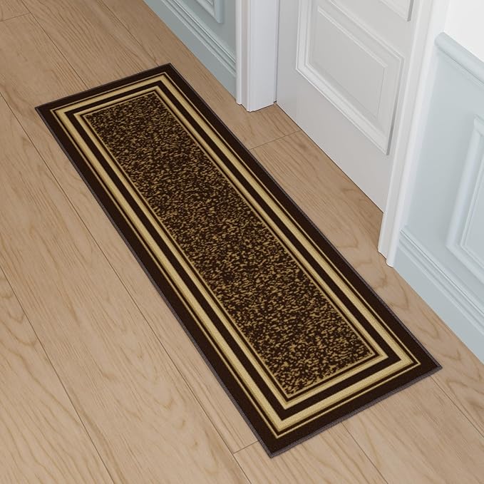 Ottomanson Hallway Runner Rug 20" x 59" Non Slip Border Area Rugs Easy to Clean Laundry Rug Runner Durable & Pet Friendly Floor Carpet Runners for Hallways Entryway Living Room Kitchen, Brown