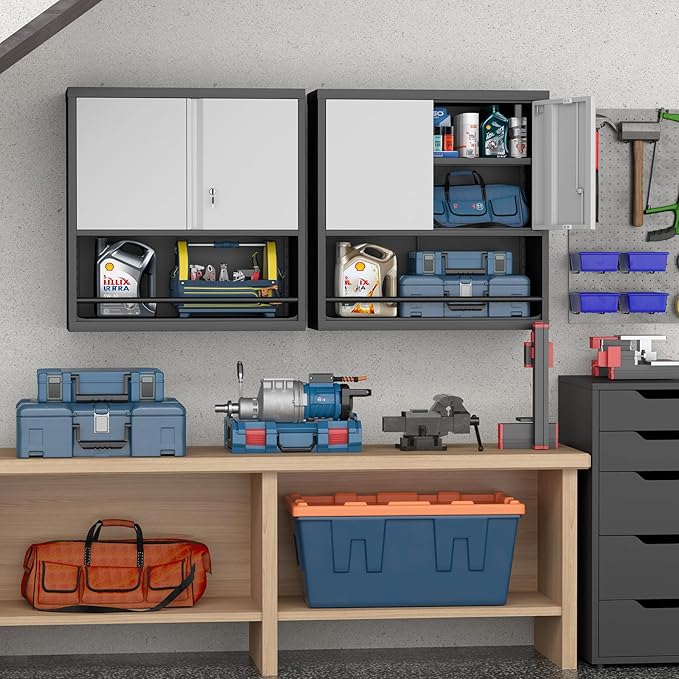 LUCYPAL Metal Wall Cabinet with Adjustable Shelf,Garage Wall Cabinets with Locking Doors and Open Storage,Steel Utility Storage Cabinets for Home Office,Warehouse,Black&Grey