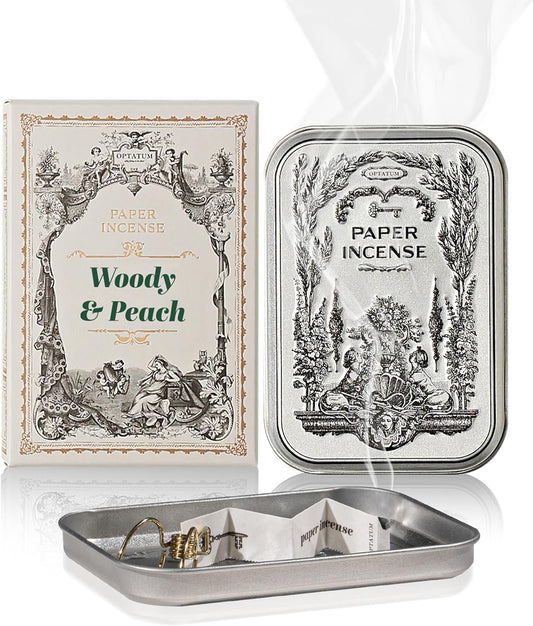 Paper Incense - 48pcs with Vintage Tin Case, Burning Papers Infused with Natural Essential Oils, Quick Usage & Long-Lasting Fragrance, Eliminating Bathroom, Kitchen, Pet Odors - Woody & Peach