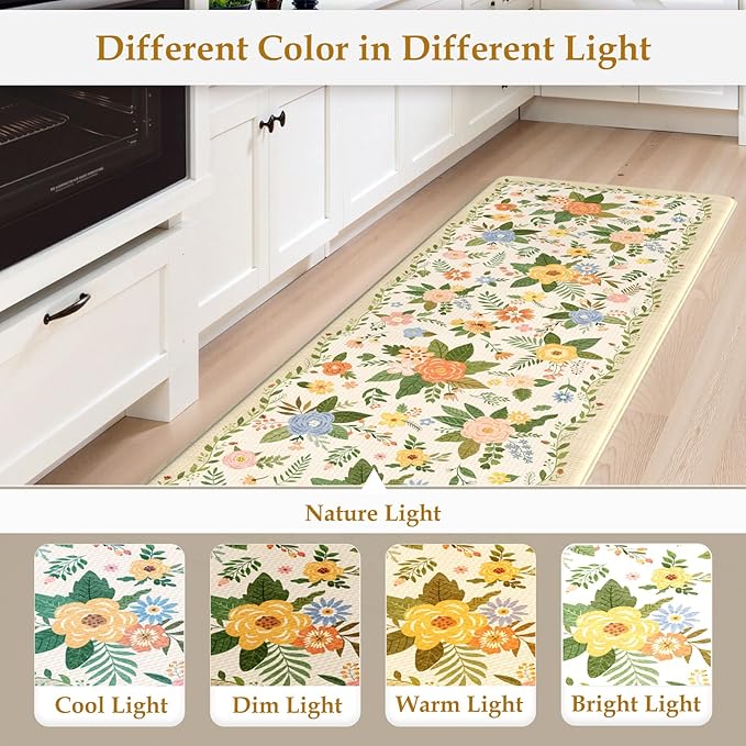 KIMODE Kitchen Mats for Floor Anti Fatigue, Beige Boho Kitchen Rugs Non Slip, Padded Kitchen Floor Mats, Memory Foam Kitchen Mats Cushioned, Standing Desk Mat for Laundry Office Sink 17"x47"+17"x29"
