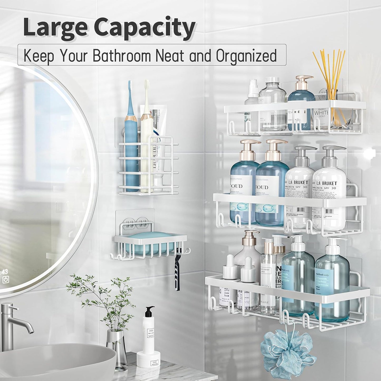5 Pack Shower Caddy Organizer Rack Shelf for Inside Shower, Self Adhesive Wall Storage Basket Rustproof Stainless Steel Shampoo Holder Bathroom Accessory Decor Set, White