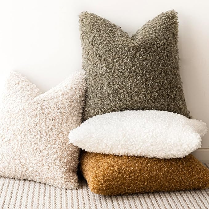 Foindtower Set of 2 Curly Teddy Wool Pillow Covers Decorative Boucle Textured Lumbar Throw Pillow Faux Fur Pillowcases Sheepskin Cushion Case for Sofa Bedroom Car 12"x20" Sage Green