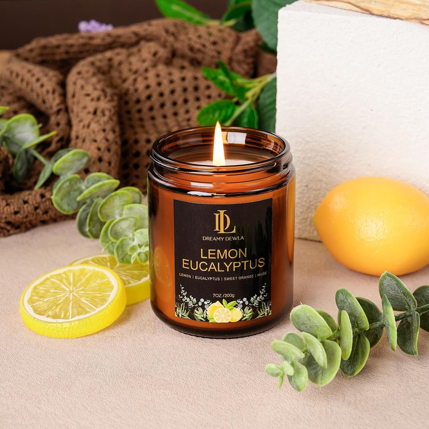 Lemon Eucalyptus Scented Candle, Soy Candles for Home Scented, Masculine Amber Jar Candles Gifts for Men Women, 7oz