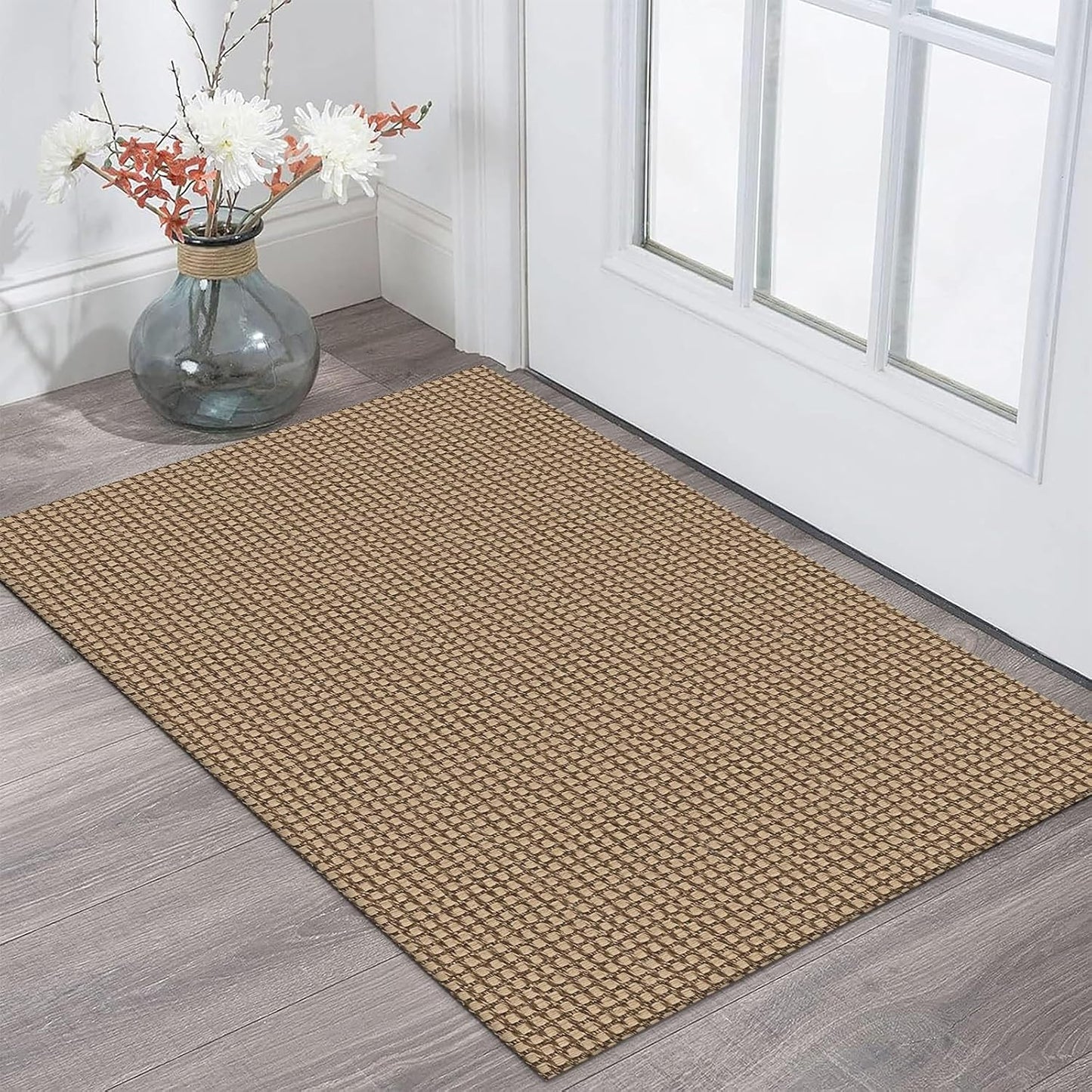 KOZYFLY Indoor Door Mat 2x3 ft Small Area Rugs Washable Front Door Mat Non Slip Rubber Backed Entryway Rug Cotton Entrance Doormat for Front Porch Bathroom Kitchen Bedroom, Tan/Orange/Brown