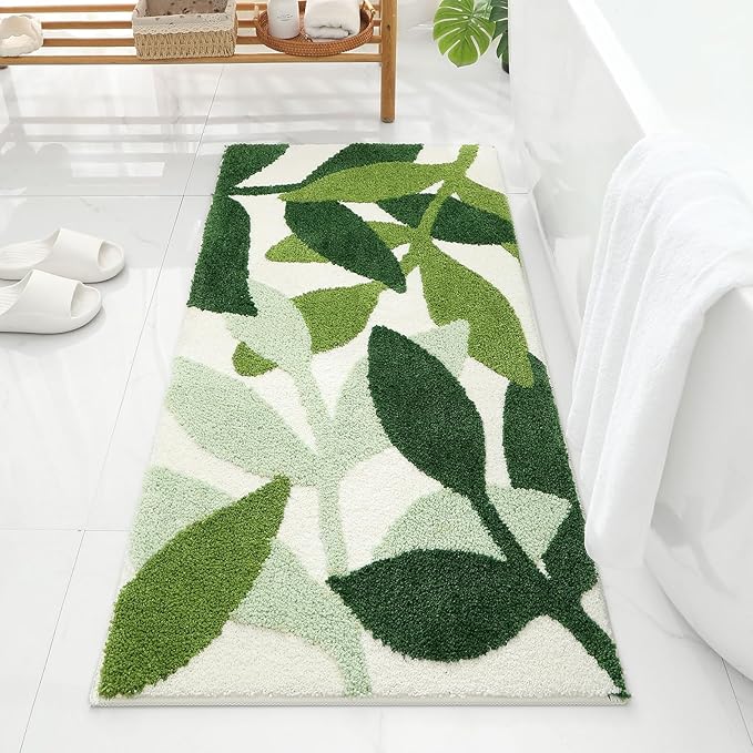 Gibelle Long Bathroom Runner Rug 24"x48", Green Leaves Large Bath Runner Rugs for Bathroom, Non-Slip Strong Water Absorbent Plush Microfiber Bath Mat Runner Washable