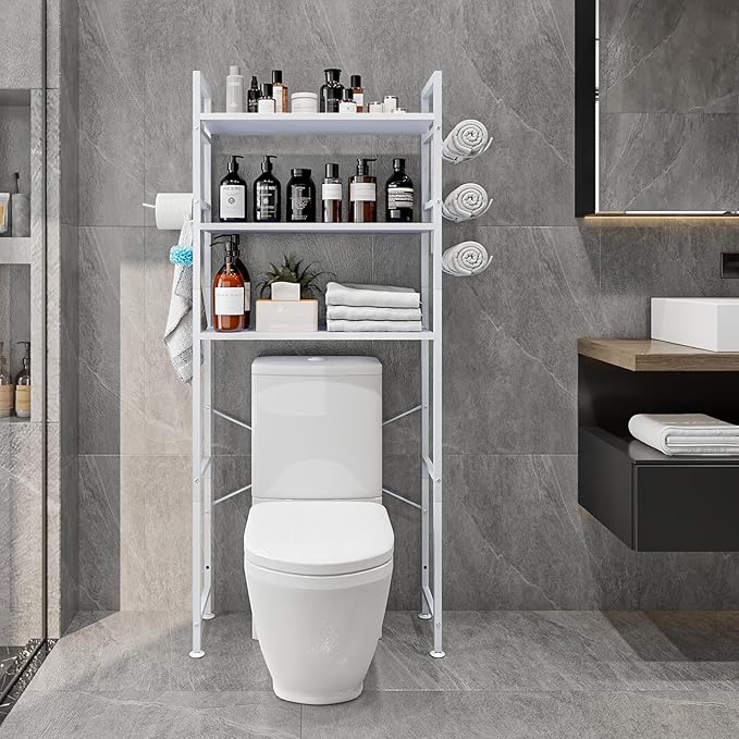 Over The Toilet Storage Rack 3 Tier Bathroom Organizer Shelf Over Toilet Freestanding Space Saver Toilet Stands with 10 Hooks Multifunctional (White)