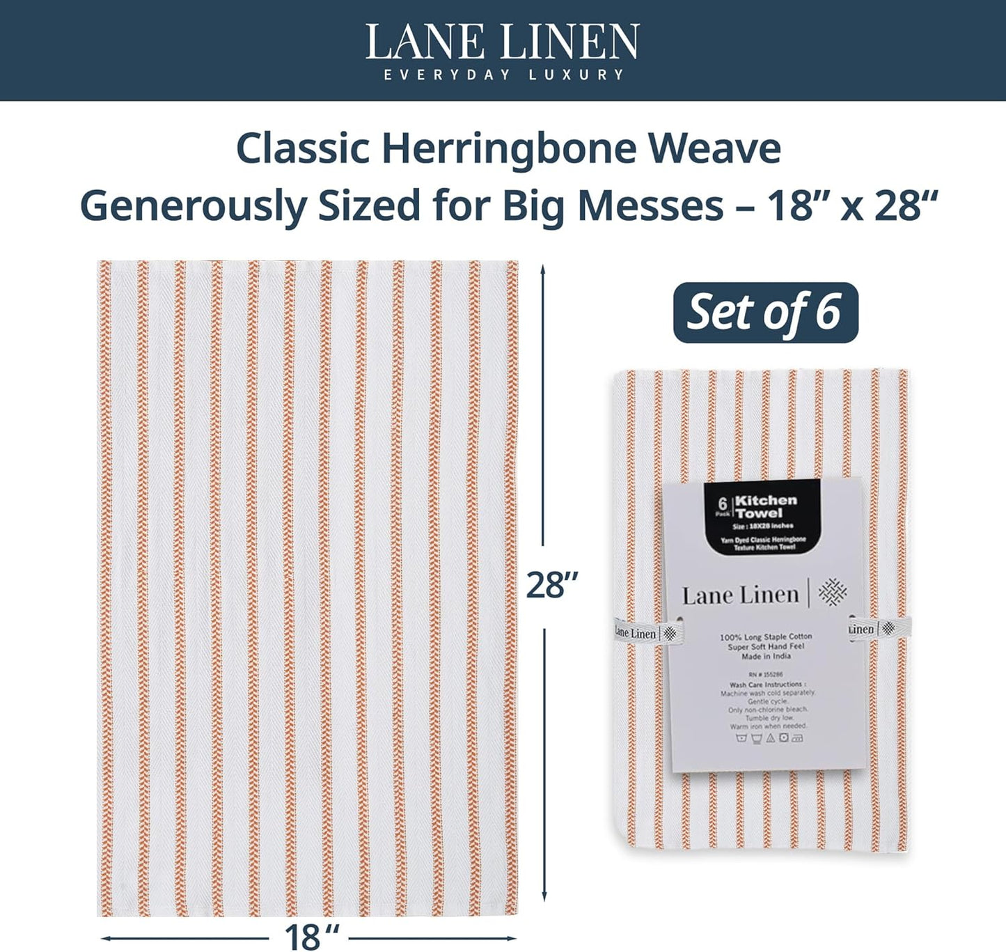 LANE LINEN Kitchen Towels Set – Pack of 6 Cotton Dish Towels, 18”x28”, Absorbent & Quick-Drying Tea Towels for Drying Dishes – Rust