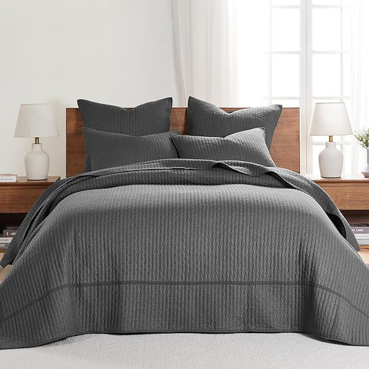 Levtex Home Cross Stitch Reversible Twin Bedspread Set (84x104in) with 1 Pillow Sham (26x20in) - Stitch Texture - Charcoal - Cotton Twin Size Bedspread Set - Lightweight, Soft, Pre-Washed