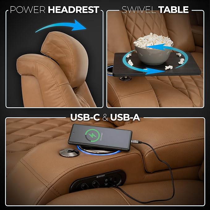 Seatcraft Diamante Zero-Gravity CoolZero Italian Leather Home Theater Seating, Power Headrest, Power Recline, Row of 4 Right Loveseat, Tan Oak