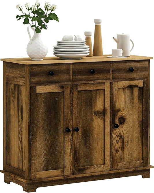 HOMCOM Sideboard with Solid Wood Countertop, Modern Kitchen Storage Cabinet, Coffee Bar Cabinet with 3 Drawers, Doors and Adjustable Shelf, Rustic Brown