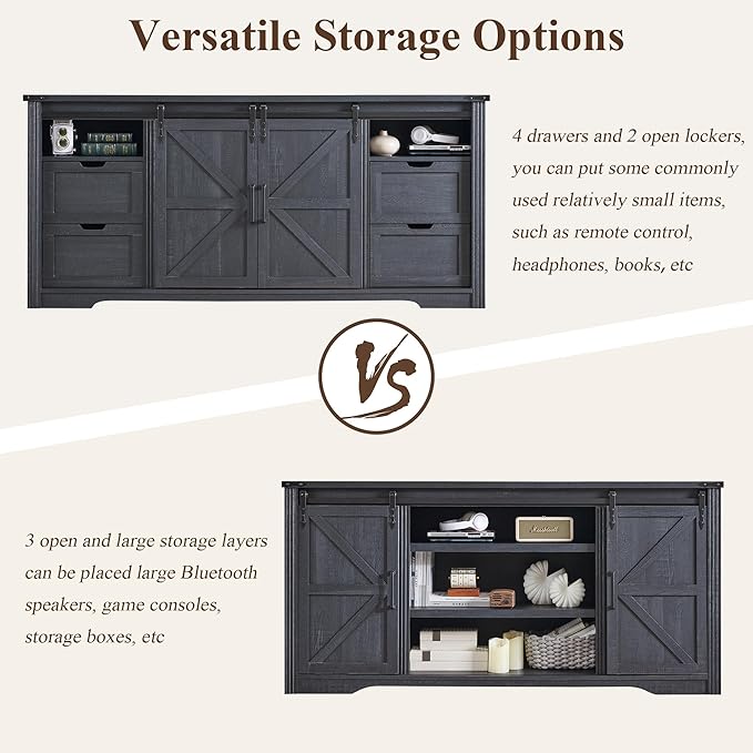 JXQTLINGMU Farmhouse TV Stand for 75+ Inch TV, 32" Tall Entertainment Center w/4 Drawers & Sliding Barn Door, Rustic Media Console w/Storage Shelves, 66" Wood Television Stand for Living Room, Black