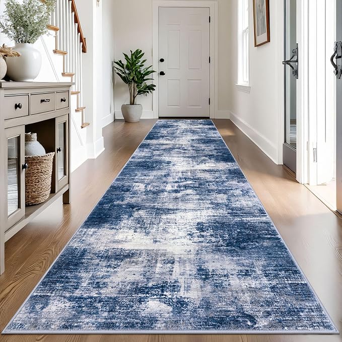IOHOUZE Abstract Runner Rug 3x14 Ft Washable Runners for Hallways, Non Slip Kitchen Runner Printed Faux Wool Entryway Runner Indoor, Modern Abstract Floor Carpet for Hall Stair, Navy/Grey