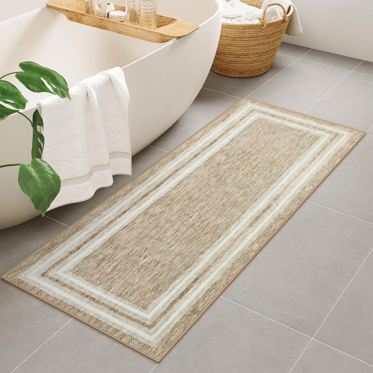 OJIA Runner Rug 2'x5' Kitchen Rugs Non Slip Washable Rug Runners for Hallways Printed Thin Soft Entryway Rugs Indoor Non Skid Bathroom Carpet Floor Runner for Bedroom Laundry Room, Beige