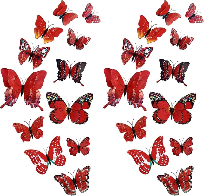 24PCS Butterfly Wall Decals Removable 3D Butterflies Decor for Wall Sticker Mural Stickers Home Decoration Kids Room Bedroom Decor (Double Layer-Red/24PCS)