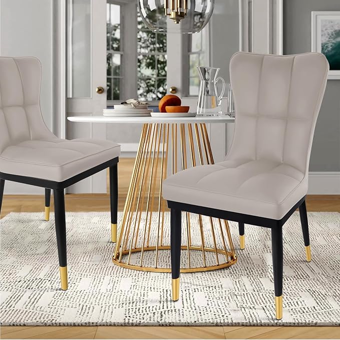 High-Back Faux Leather Dining Chairs Set of 2, Modern Sturdy Upholstered Accent Side Chair Deep Sponge Padded Seat with Metal Legs for Kitchen Dining Room Living Room Bedroom (Light Grey)