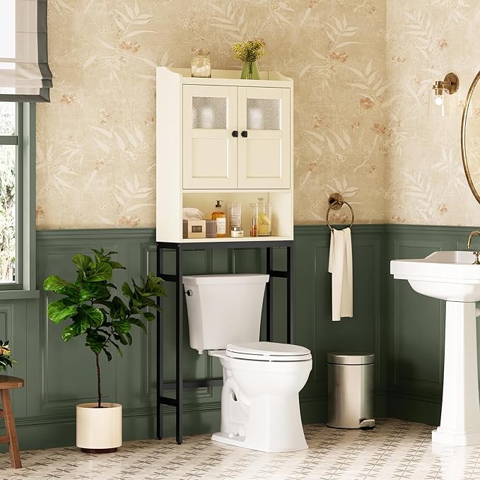 Over The Toilet Storage Cabinet, Above Toilet Bathroom Storage Cabinet with Double Doors and Soft Hinges Over Toilet Storage Shelf Over Toilet Bathroom Organizer (Cream White)