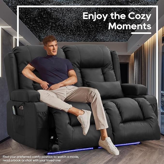 IPKIG 54" Power Loveseat Recliner Sofa, Electric Home Theater Seating with Massage Heat/4 Colors Ambient Lights/USB Port/Side Pocket/Cup Holder for Living Room, Bedroom, Home (Black, 2 Seater)