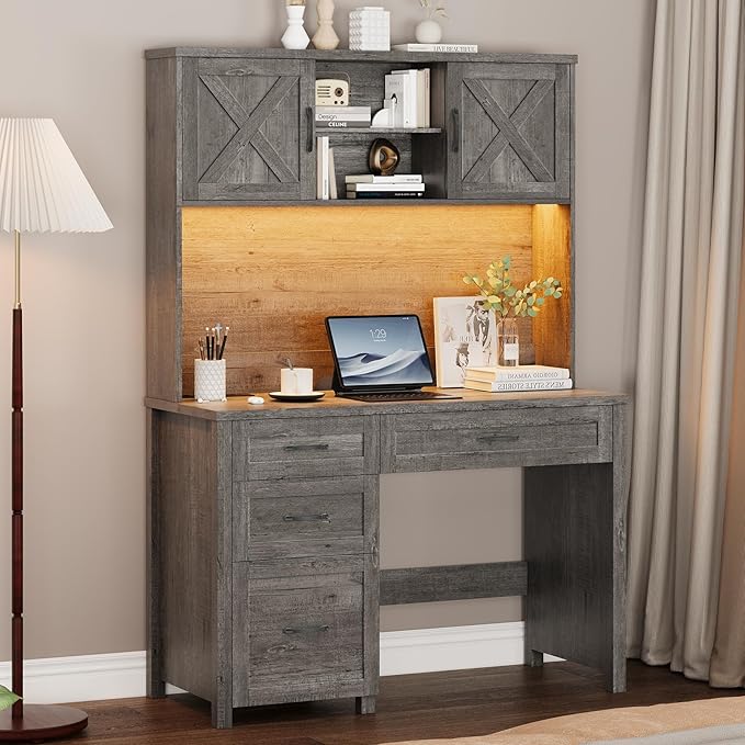 Farmhouse 67" H Executive Desk with Hutch,Office Desk with 4 Drawers and LED Light, Computer Table with Storage Cabinet & File Drawers and Charging Station, Wood Workstation for Home Office and Study