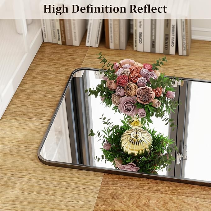 Round Corner Mirror Full Length, 16" x 59" Floor Mirror with Stand, Matte Aluminum Alloy Frame Full Body Mirror, Standing Hanging or Leaning for Bedroom and Living Room, Black