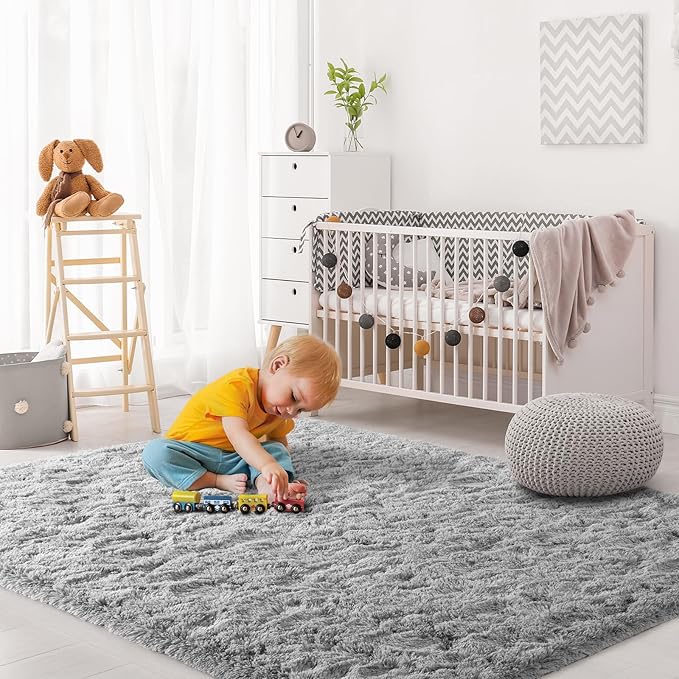 3x5 Light Grey Small Throw Rug for Entryway Non Slip, Mini Fluffy Grey Rugs for Bedroom, Plush Furry Cozy Front Entrance Indoor Floor Carpet Home Decor Aesthetic Nursery