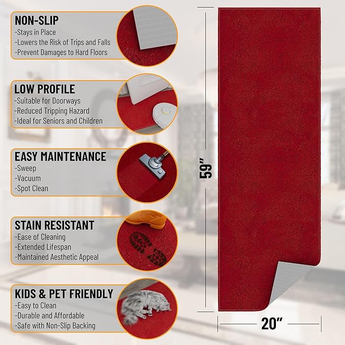 Ottomanson 20" x 59" Ultra-Thin Hallway Runner Rug - Durable Non-Slip Carpet for High-Traffic Areas - Fits Under Doors for Seamless Entry - Ideal for Kitchen, Entryway, Bedroom & Living Room, Red