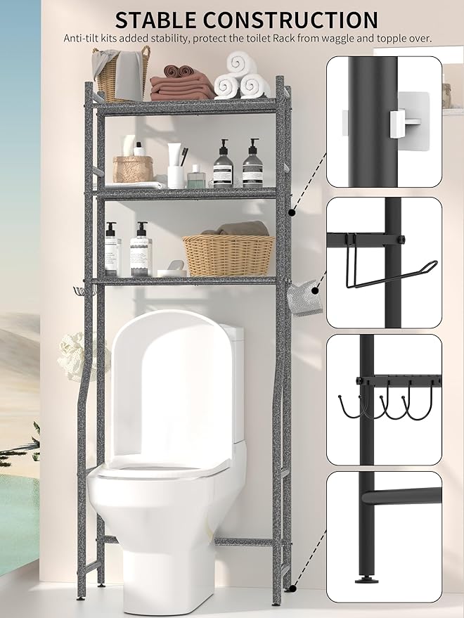 3 Tier Over The Toilet Storage Rack with 2 Basket, Metal Freestanding Bathroom Shelves Toilet with Paper Holder and 4 Hooks, Over Toilet Storage Shelf for Bathroom Storage, Snow Black