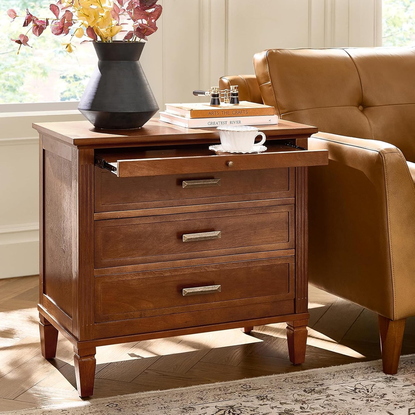 HULALA HOME Farmhouse Nightstand with Charging Station, Pull-Out Tray, 3 Drawers Nightstand with Solid Wood Legs, Wood Veneer Bedside Table with Open Shelf, Walnut