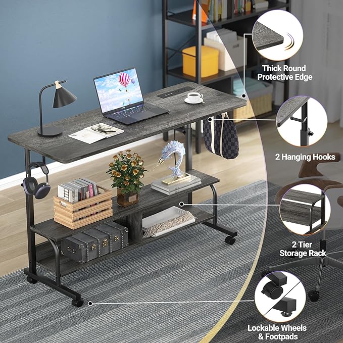 Height Adjustable Standing Desk with Power Outlets, 47" Manual Stand Up Desk with Storage Shelves Small Mobile Rolling Computer Desk Portable Laptop Table with Wheels for Home Office, Grey Oak