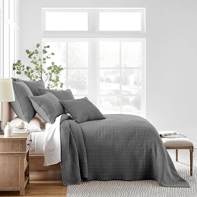 Levtex Home Mills Waffle Twin Bedspread Set (84x104in) with 1 Pillow Sham (26x20in) - Charcoal - 100% Cotton Twin Size Bedspread Set - Lightweight, Soft, Pre-Washed