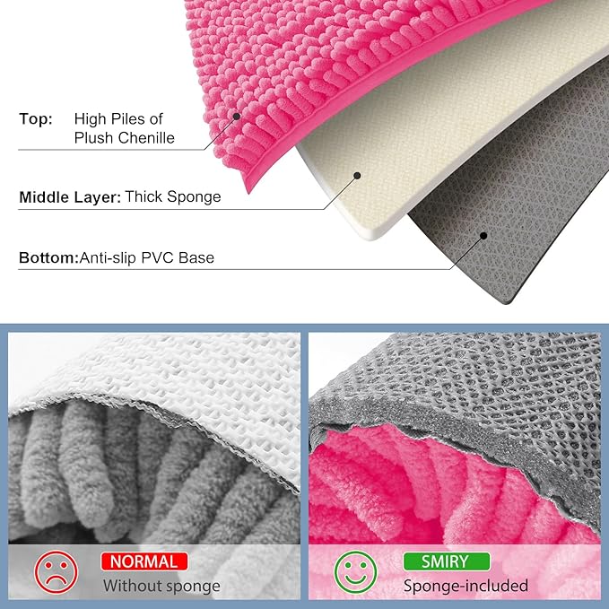 Smiry Luxury Chenille Bathroom Rugs 30x20, Extra Soft and Absorbent Shaggy Bath Mat, Machine Washable, Non-Slip Plush Carpet Runner for Tub, Shower, and Floor, Home Decor Accessories, Hot Pink